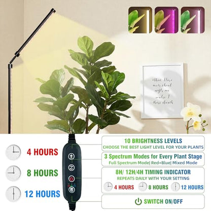 36W Standing Grow Light for Indoor Plants, 65'' Adjustable Tall Grow Light with Stand, 3 Light Modes & 10 Dimmable Levels, Floor Grow Light with Timer for Large Indoor Plants, Herbs, Corners