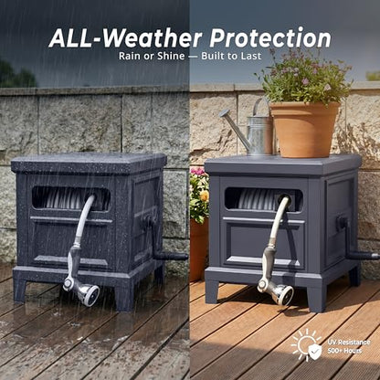 Garden Hose Reel Hideaway, Heavy Duty Metal Hose Reel Box Holds 125FT x 5/8" Hose, Steel Hose Storage Box with Manual Crank, Hose Guide and Leak-Proof Aluminum Connections, Stable 4-Leg Base - color: Dark Gray