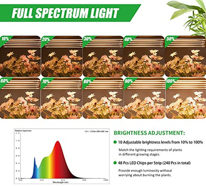 Grow Light Strip - Full Spectrum LED Grow Lights for Indoor Plants, Auto On/Off Timer, 5 Pack (240 LEDs, 10 Dimmable Levels) - color: 5 Strips