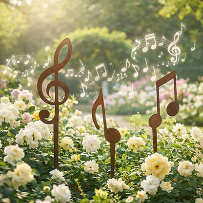 Metal Garden Decor Music Note Plant Stake Set for Flower Pots, Steel
