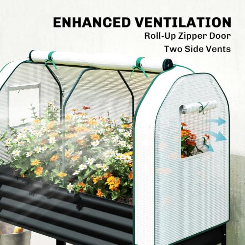 Outsunny Galvanised Raised Garden Bed with Greenhouse Cover, Black - color: Black