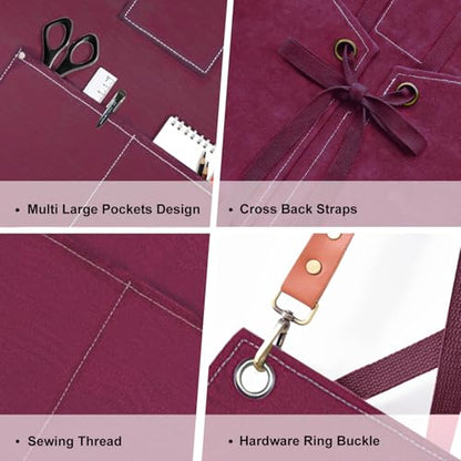 OUNLEN Chef Apron for Men Women Canvas Aprons with 3 Pockets Cross Back Resistant Work Apron for Cooking - color: Cranbrerry Red