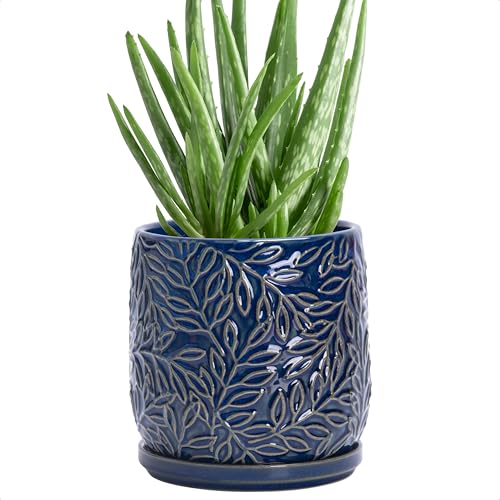 D'vine Dev Embossed Leaves Ceramic Planter, 5 in, Midnight Blue, 27-A-V-3 - color: Midnight Blue, size: 5 Inch