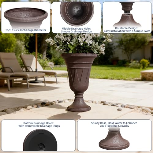 24"Tall Urn Planters for Outdoor Plants, Urns and Pedestal Set of 2 - color: Brown-sandblasting