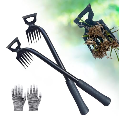 2Pcs Weed Puller Tool- 6 Teeth Manganese Steel Gardening Hand Weeder Tools - color: Black