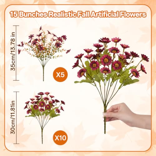 15PCS Artificial Fall Flowers for Outdoors, UV Resistant Fake Mums - color: Burgundy Daisies & Burgundy Violets