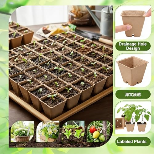 500 Sets Seed Starter Plant Pot Kit, 2.36" Square Peat Pots, Compressed Coir Fiber Potting Soil, Biodegradable Nursery Pot Bulk, Garden Germination Container with Planting Labels for Plant