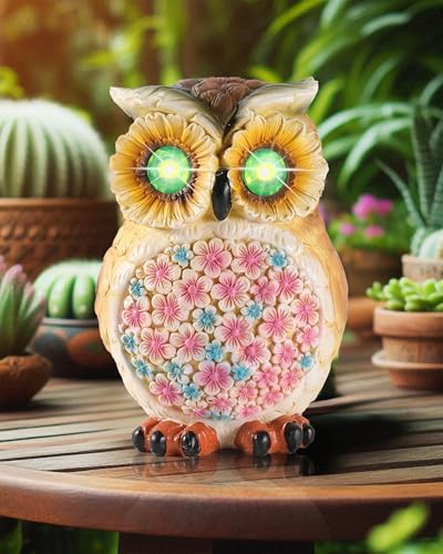 GoGnome Hand-Painted Resin Owl Figurine with Glow-in-The-Dark Eyes, Solar-Powered Garden Decor 5.5'' Lawn Ornaments Statue Gardening Gifts for Outside Yard Art Patio (Owl) - style: Owl