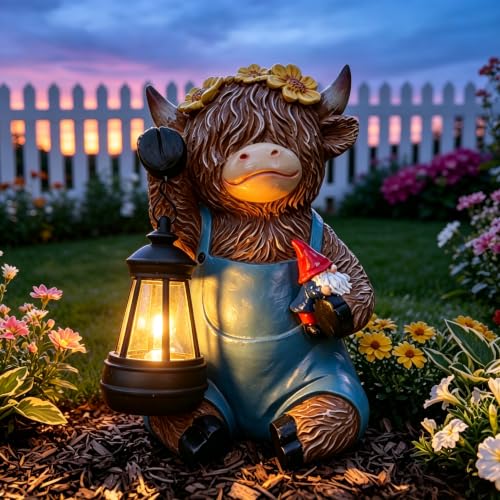 Solar Highland Cow Porch Statue with LED Lantern Garden Outdoor Decor - color: Solar Highland Cow Statue