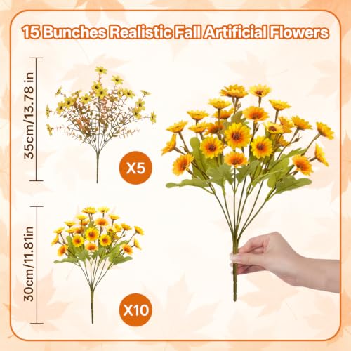 15PCS Artificial Fall Flowers for Outdoors, UV Resistant Fake Mums - color: Yellow Daisies & Yellow Violets