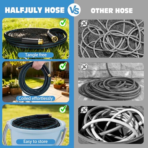 Halfjuly Garden Hose 25FT, Flat Non-Expandable Lightweight Water Hose, Durable Flexible Heavy Duty No Kink Design with 3/4" Fittings, 10 Way Spray Nozzle for Outdoor Yard Lawn - size: 25FT