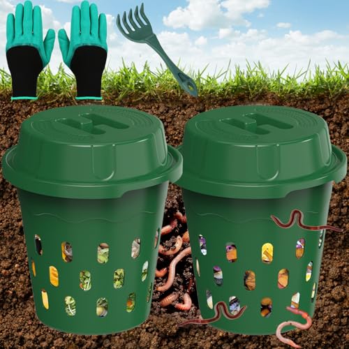 2-Pack Inground Worm Composter, Outdoor Worm Compost Bin for Garden Beds & Home Use, Vermicomposting Bin for Beginners (9.5x9.5x10.8Inch), Green - color: Green, size: 2-Pack