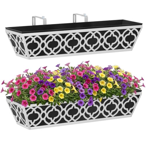 Y&M 2Pcs 24'' Railing Planter Box Set with Black Non-Woven Fabric Liner, Flower Boxes with Adjustable Brackets, Large Metal Hanging Window Boxes for Fence, Deck, Balcony, and Garden - size: Flower 24in 2P-Gray
