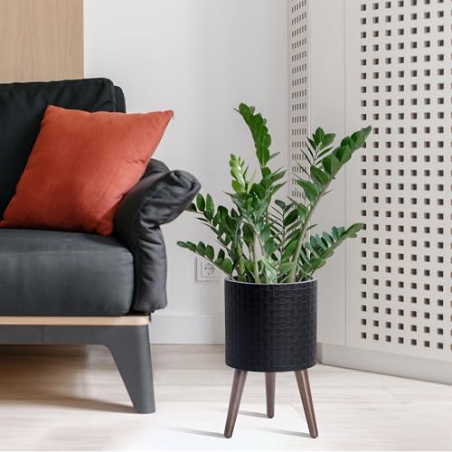 D'vine Dev Planter Pot with Wood Stand, 10 in, Matte Black, 88-Z-B-2 - color: Matte Black, size: Medium