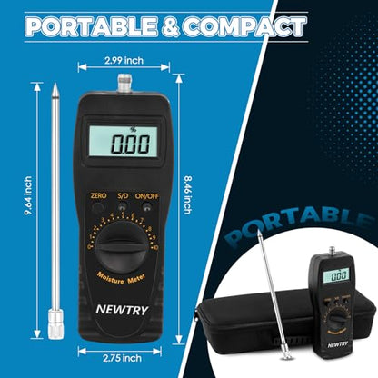 NEWTRY Moisture Meter Powder-Moisture Tester Range 0-100% with 9.6" Probe