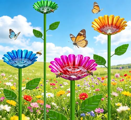 4 Pack Metal Flower Bee Bath for Garden, Bee Watering Station, Attract Butterflies & Pollinators, Colorful Outdoor Garden Stakes for Yard, Patio (4 Colors) - color: 4 Colors