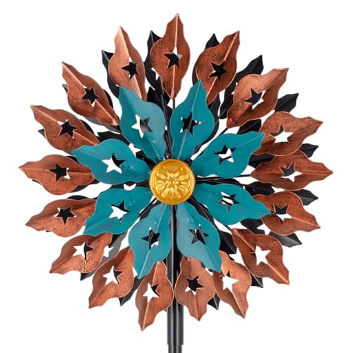 Viveta Kinetic Wind Spinner, 13" Dia Metal Wind Sculptures - color: Brown Blue-13“