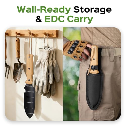 Garden Tools Trowel with EDC Sheath, 7" Garden Knife, Gifts for Women Mom - color: Black & Beech