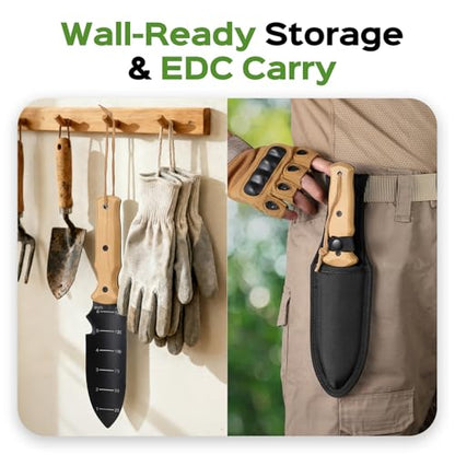 Garden Tools Trowel with EDC Sheath, 7" Garden Knife, Gifts for Women Mom - color: Black & Beech
