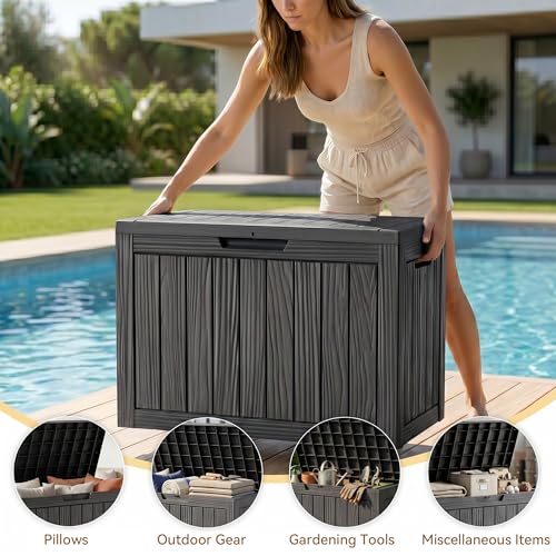 50 Gallon Outdoor & Indoor Deck Storage Box, Waterproof Lockable Patio Storage Container for Gardening Tools, Picnic Supplies, Easy to Assemble, Black