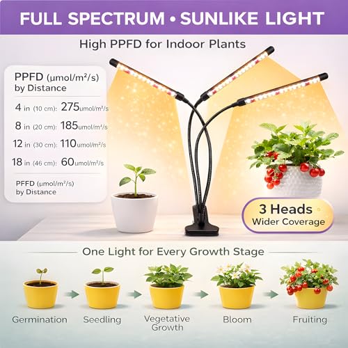Grow Lights for Indoor Plants, Full Spectrum Tri-Head Clip Plant Lights - size: 3 Head 2 Pack