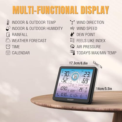 Raddy VP7 5-in-1 Wireless Weather Station, 7.4 Inch Color Display - style: VP7