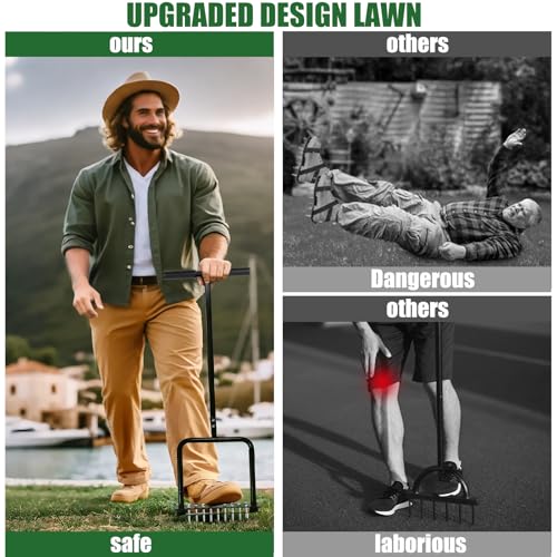 Lawn Aerator Tool,Manual Stainless Steel Spike Aerator Lawn Tool with Spring Base, Automatic Dirt and Leaf Clean Design, Adjustable T-Handle, Soil Loosening, Yard Aerating, Garden Tool Black