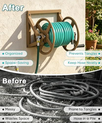 Artigarden Garden Hose Reel Wall Mounted, Outdoor Heavy Duty Powder Coated Metal Water Hoses Holder Winder Holds 125 ft 5/8" Hoses with 3.9ft Leader Hose, Stainless Steel Connector for Outside, Brown - color: Brown