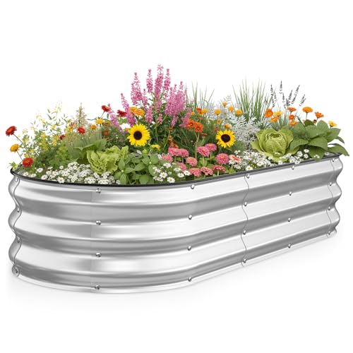 Kesfitt Raised Garden Bed, 5x2x1 FT Galvanized Steel Metal Raised Garden Bed, Oval Open-Bottom Design, 12-Inch Deep for Outdoor Vegetable & Herb Gardening, Silver - color: Silver, size: 5x2x1FT