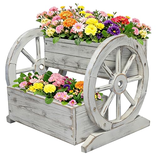NestNature Wooden Wagon Planter Box|Raised Garden Bed W/Wheels for Plants - color: Antique White, size: Classic-2Tier