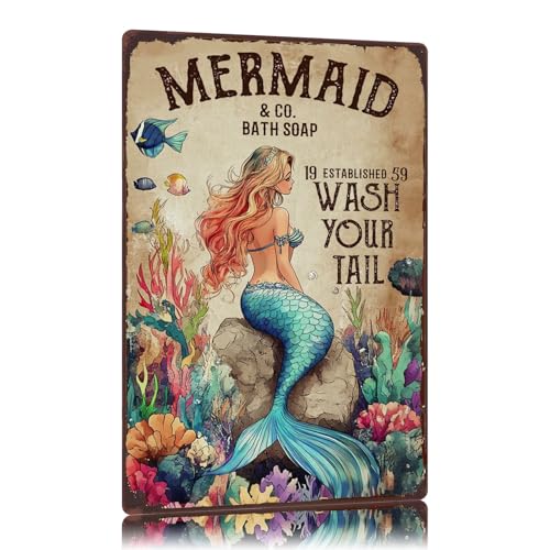 Vintage Tin Sign Mermaid And Co Bath Soap Wash Your Tail Metal Signs Funny Wall Decor for Bathroom Toilet Home Bar Cafe 12×8 Inch - color: tin sign 38