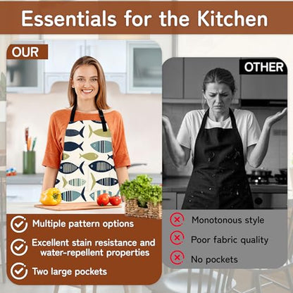 Apron with Pockets for Women, Adjustable Kitchen Cooking BBQ Chef Apron, Gifts for Mom Birthday, or Holidays - color: Cute Fish Boho