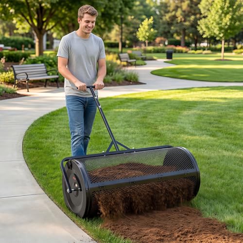 VEVOR Compost Spreader, 44" Wide Peat Moss Spreader with Push/Tow Handle, 4 Heights Adjustable, Powder-Coated Steel Garden Peat Moss Roller, Heavy Duty Grass Seed R - size: 44in