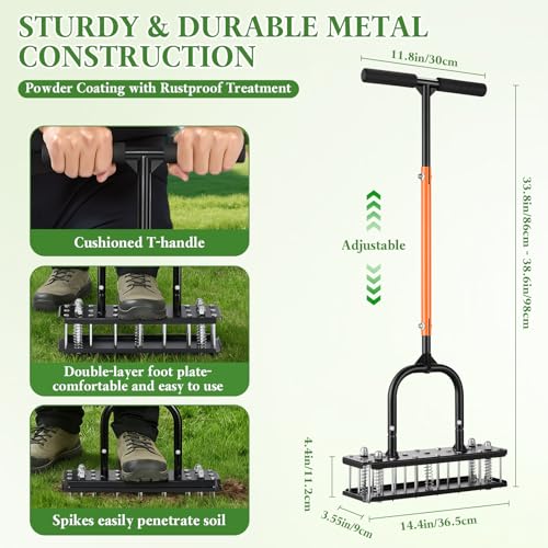 Lawn Aerator, 21 Metal Spikes, Auto Clean, Ergonomic for Yard Garden