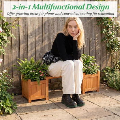 HAPPYGRILL Outdoor Bench with 2 Raised Garden Beds - size: 42" x 11" x 11.5"