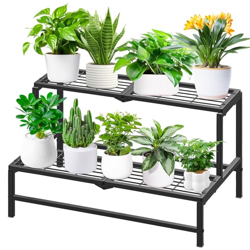 2 Tier Plant Stand Indoor Outdoor, Heavy Duty Metal Tall Plant Shelf for Multiple Flower Planter Holder, Ladder Pot Display Rack for Patio Garden Corner Balcony Living Room (Black)