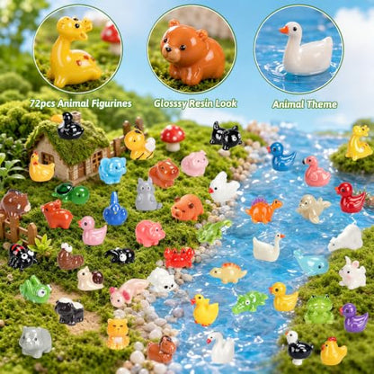 70 Pcs Mini Resin Animals and Ducks Bulk, 70 Different Tiny Animal Figurines to Hide, Miniature Resin Animal Figures for Fairy Garden, Dollhouse Decor, Crafts, Party Favors, Sensory Bin Toys