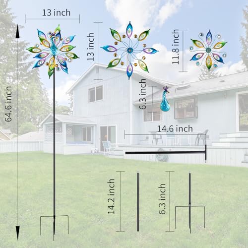 DREAMYSOUL Peacock Wind Spinner 65" Tall, Kinetic Metal Yard Sculpture
