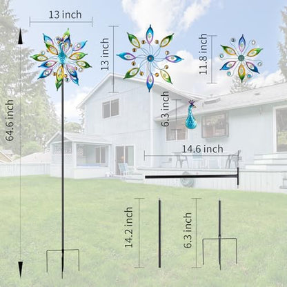 DREAMYSOUL Peacock Wind Spinner 65" Tall, Kinetic Metal Yard Sculpture