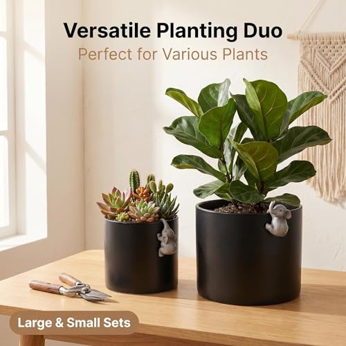 Plant Pot with Climbing Elephant Statues, 5 & 7 Inch, Matte Black, Set of 2 - color: Black E2