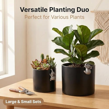 Plant Pot with Climbing Elephant Statues, 5 & 7 Inch, Matte Black, Set of 2 - color: Black E2