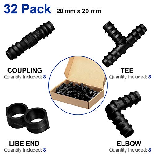 BOAO 32 Pcs Drip Irrigation Barbed Fittings Kit, Tees Elbows Caps, 3/4 Inch
