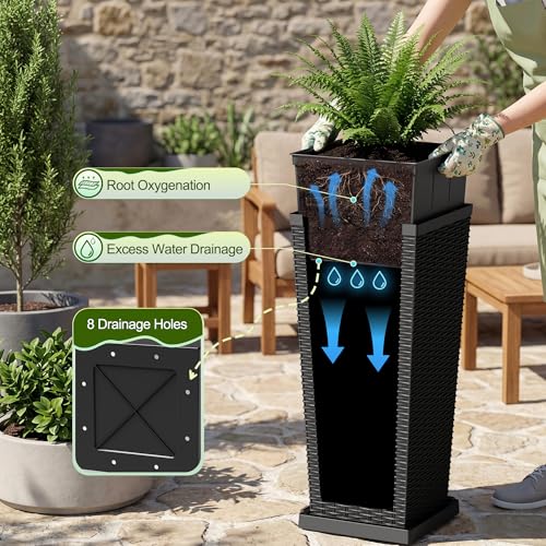 Devoko Resin 30'' Tall Planters Large Taper Outdoor Planter - color: Black, size: 30" With Trays