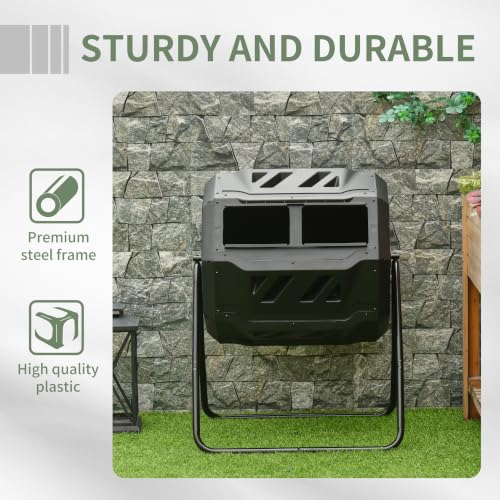 Outsunny Tumbling Compost Bin 360° Dual Chamber 43 Gallon, Black - color: Black
