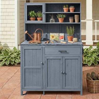 Potting Bench with Hutch, 65" H Solid Fir Wood Garden Workstation, Large Countertop, Patio Kitchen Island with Adjustable Shelves, Spice Rack, Side Hook and Drawer, Gray - size: Gray+1 Drawer