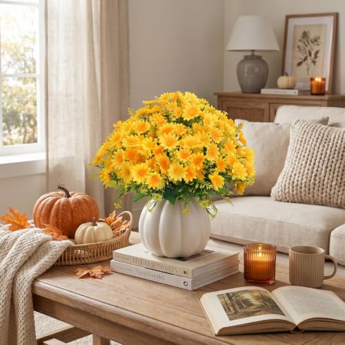 48Pcs Artificial Mums Fall Faux Flowers for Outdoor Planters, Yellow - color: Yellow-48pcs