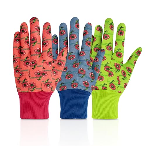 G & F Products JustForKids Garden Gloves, Soft Cotton Kids Work Gloves with Knit Wrist, Assorted Colors Red/Green/Blue - style: 3 Pack