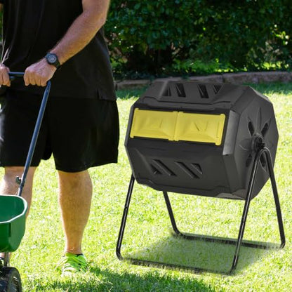 Outsunny Tumbling Compost Bin 360° Dual Chamber 43 Gallon, Yellow - color: Yellow