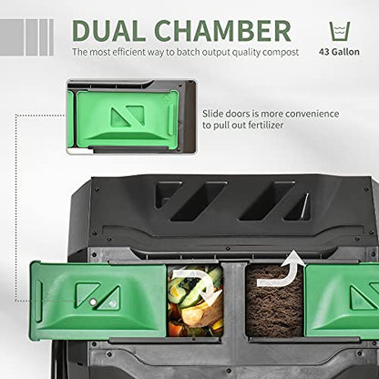 Tumbling Compost Bin Outdoor 360° Dual Chamber Rotating Composter, 43 Gallon, Green