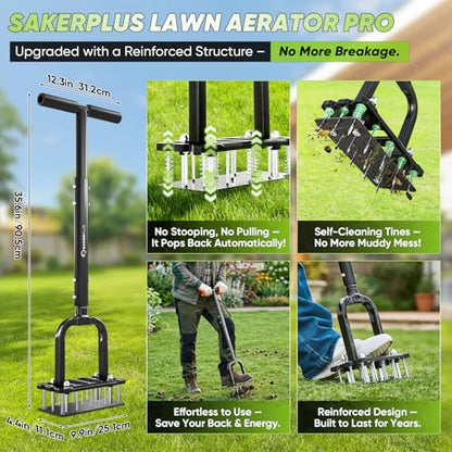 Sakerplus Aerator Lawn Tool, Spike Lawn Aerator with Self-Cleaning Tines - color: Pro-Black Handle